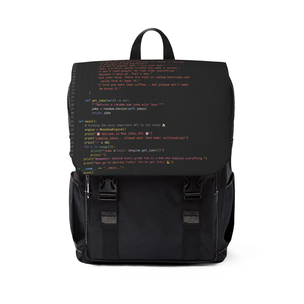 Coder Mom Shoulder Backpack — Black Casual Shoulder Bag with Code Print