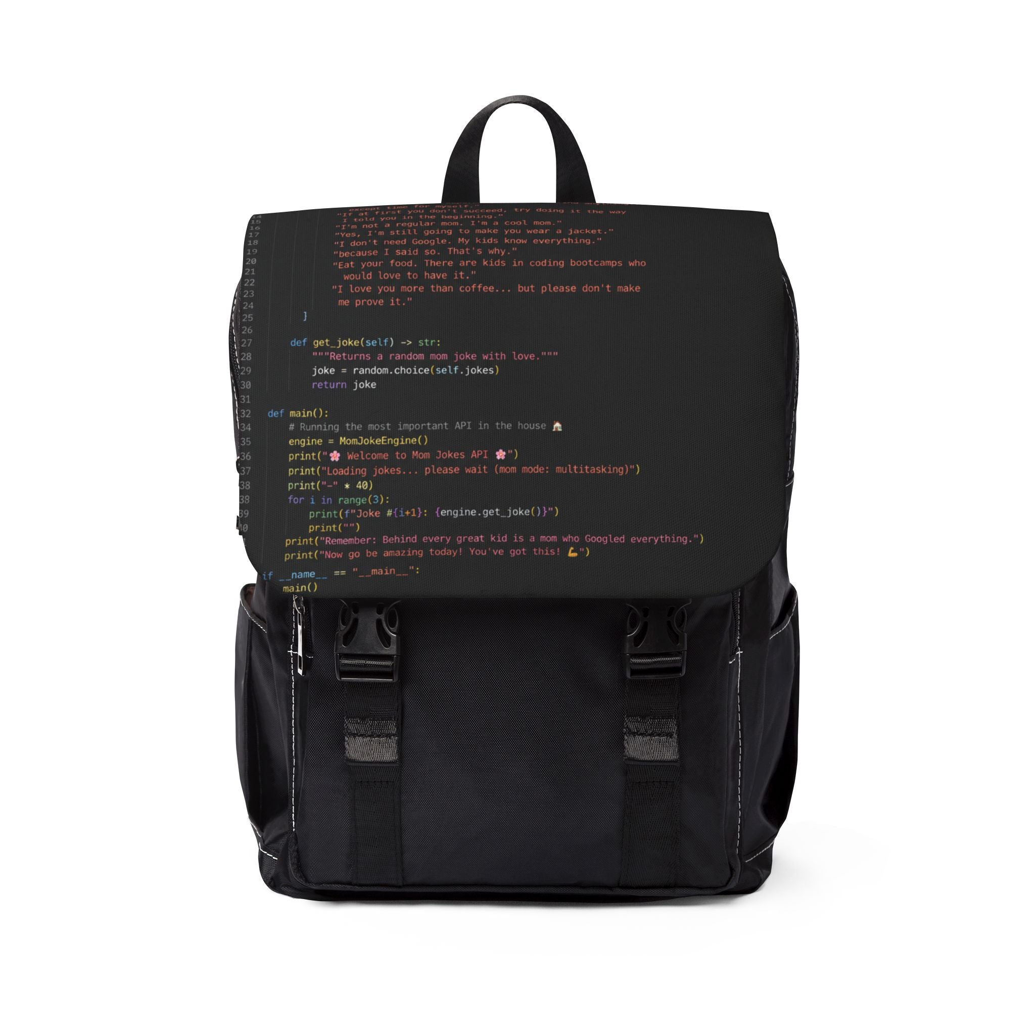 Coder Mom Shoulder Backpack — Black Casual Shoulder Bag with Code Print