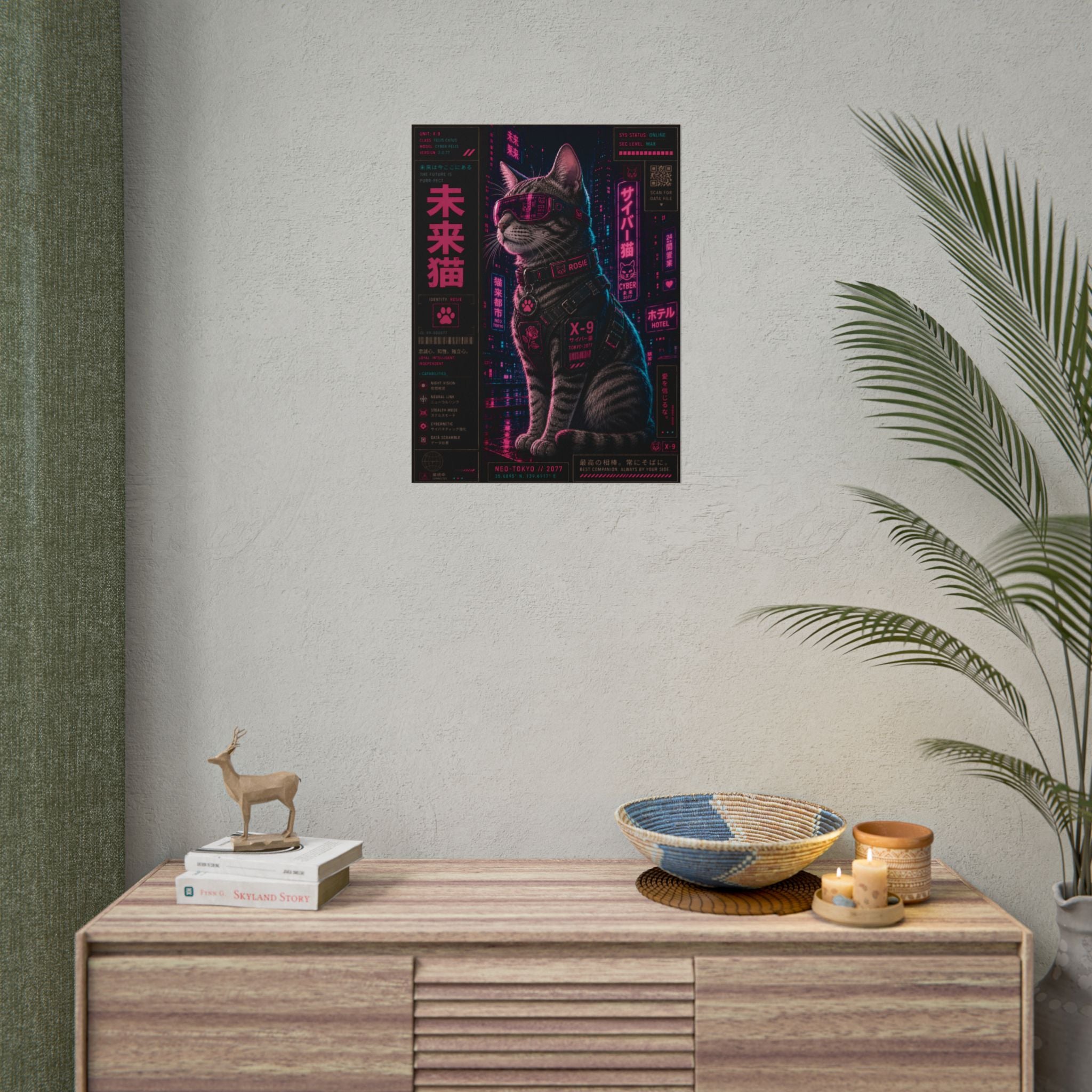 Cyberpunk Cat Poster — Neon Futuristic Kawaii Cat Wall Art (Rolled Poster)