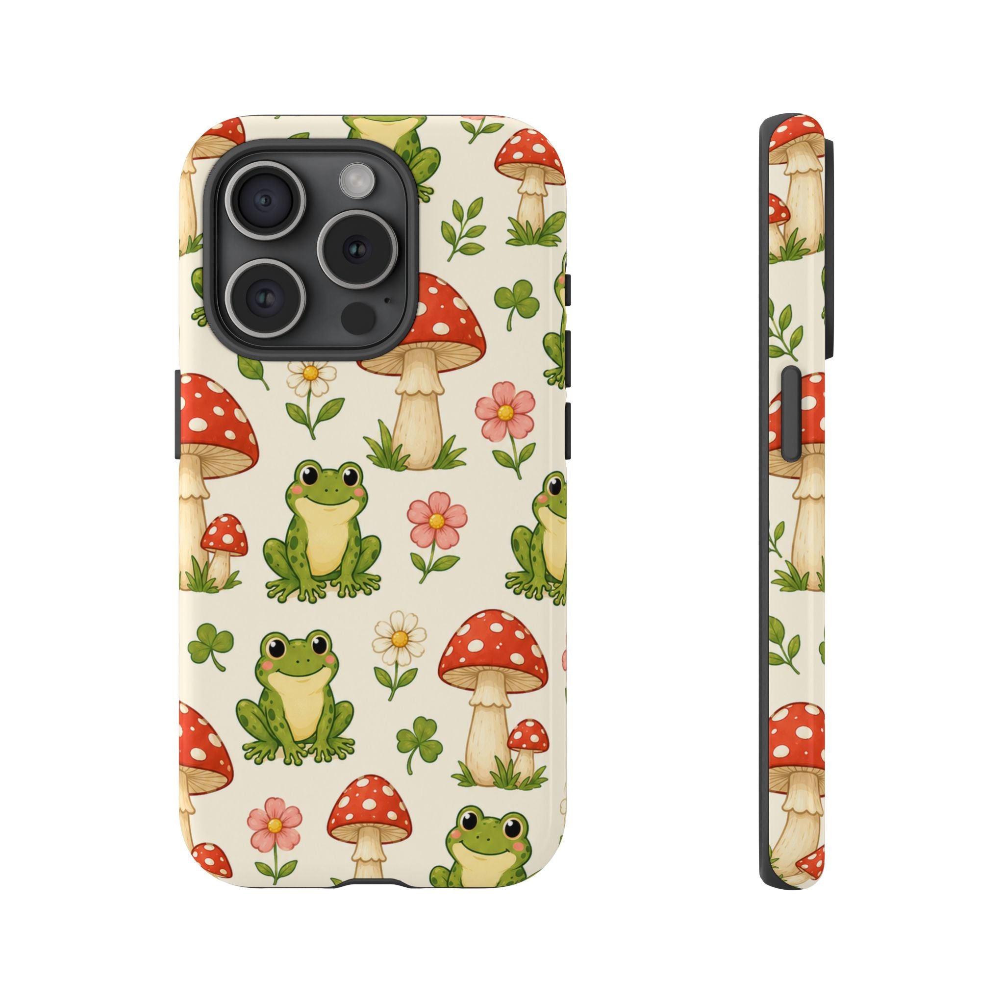 Kawaii Frog & Red Capped Mushroom Phone Case – Cute Nature Pattern Protective Cover