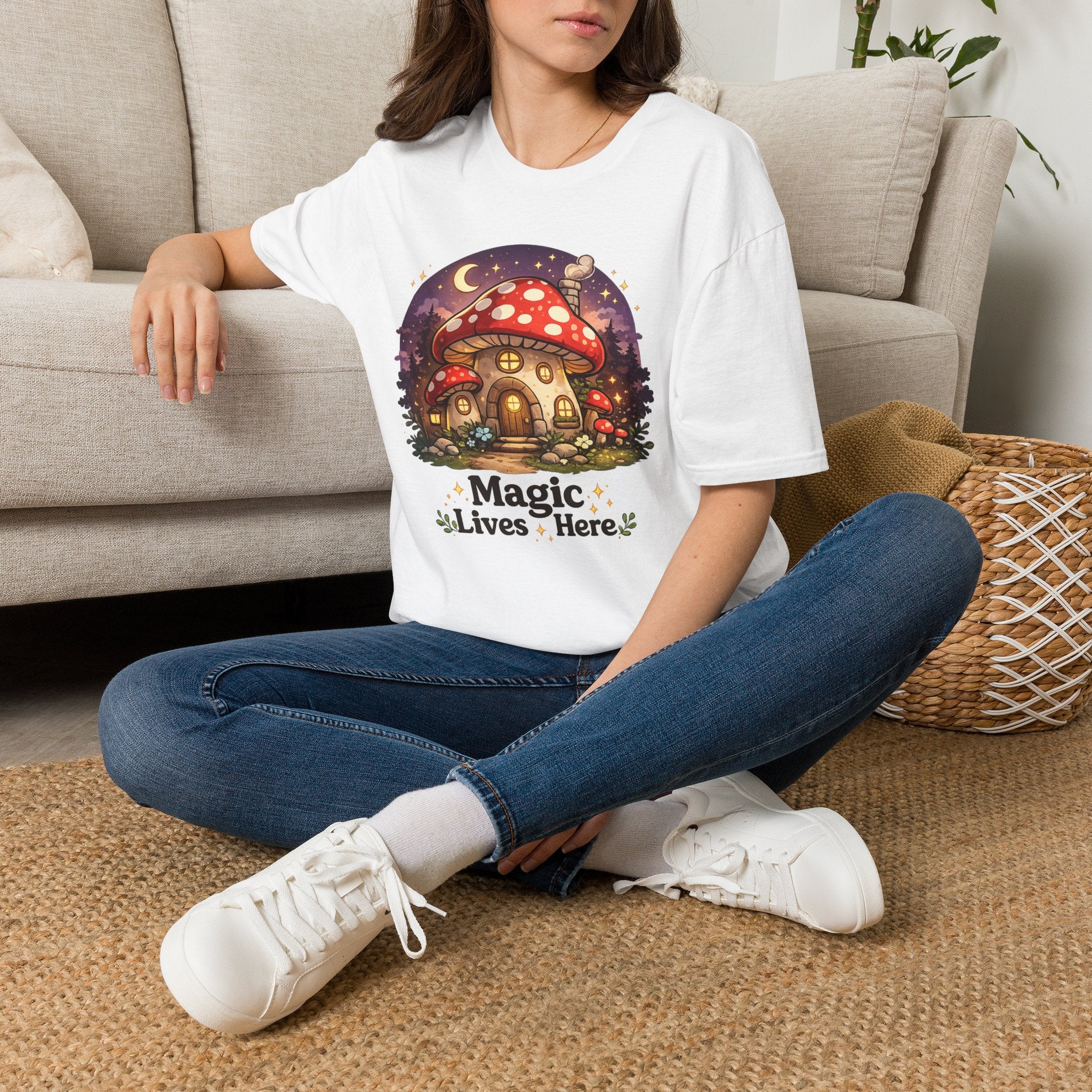 Mushroom Cottage T-Shirt — "Magic Lives Here" Whimsical Fairycore Tee
