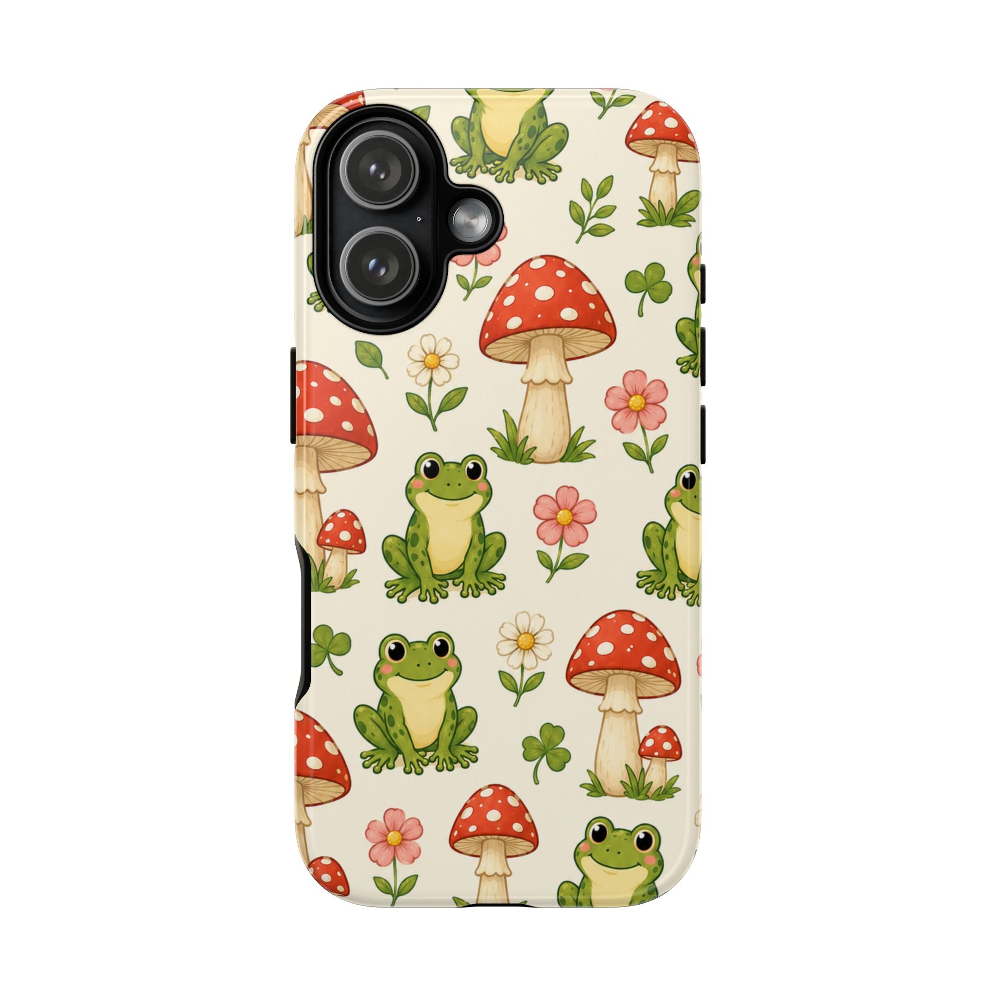 Kawaii Frog & Red Capped Mushroom Phone Case – Cute Nature Pattern Protective Cover