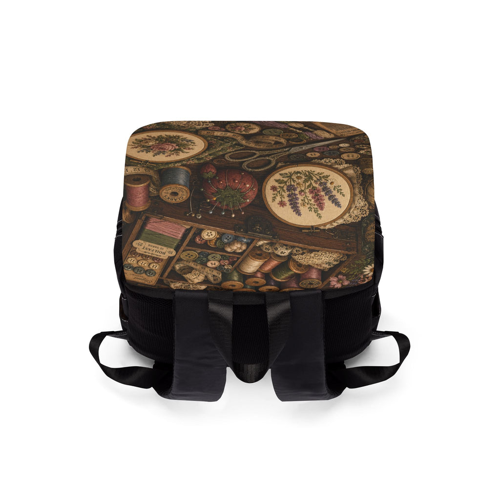 Vintage Sewing Tools Shoulder Backpack — Embroidery Scissors & Buttons Canvas Backpack