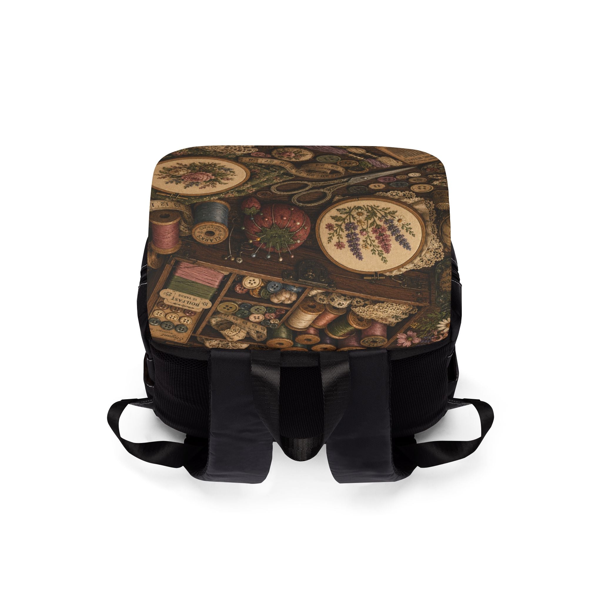Vintage Sewing Tools Shoulder Backpack — Embroidery Scissors & Buttons Canvas Backpack