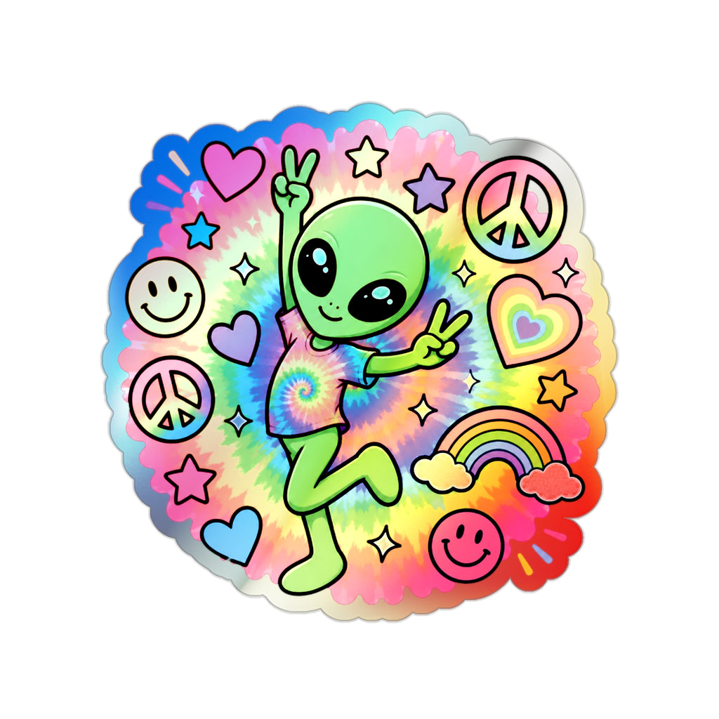 Holographic Alien Peace Sticker — Tie-Dye Vibe Die-Cut Sticker #06