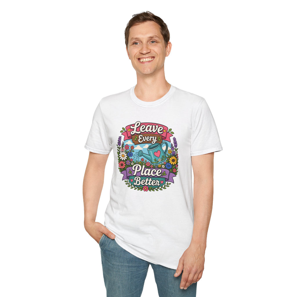 Leave Every Place Better T-Shirt — Floral Watering Can Eco-Friendly Tee