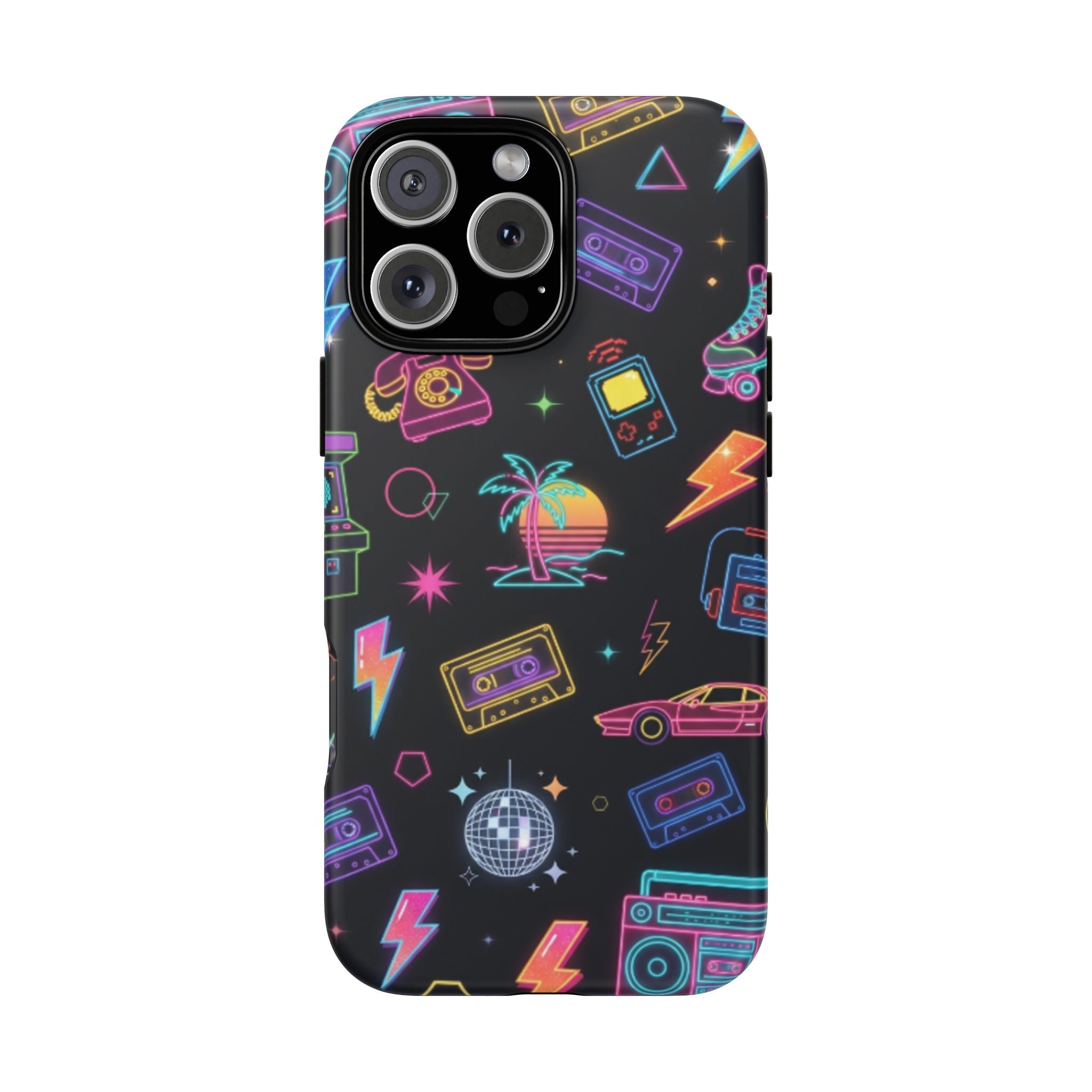 Retro Neon 80s Phone Case — Cassette, Roller Skate & Palm Tree Pattern