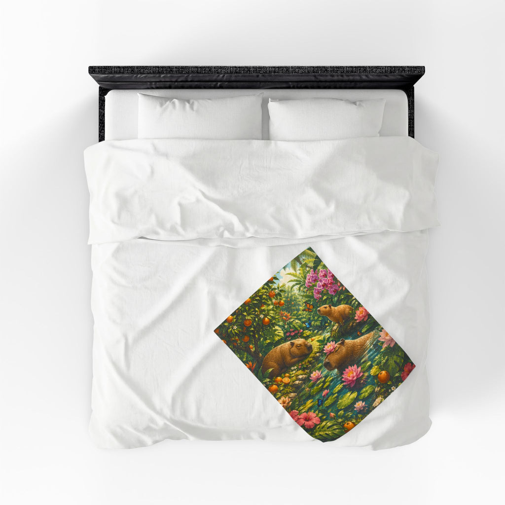 Capybara Garden Velveteen Plush Blanket — Tropical Floral Cozy Throw