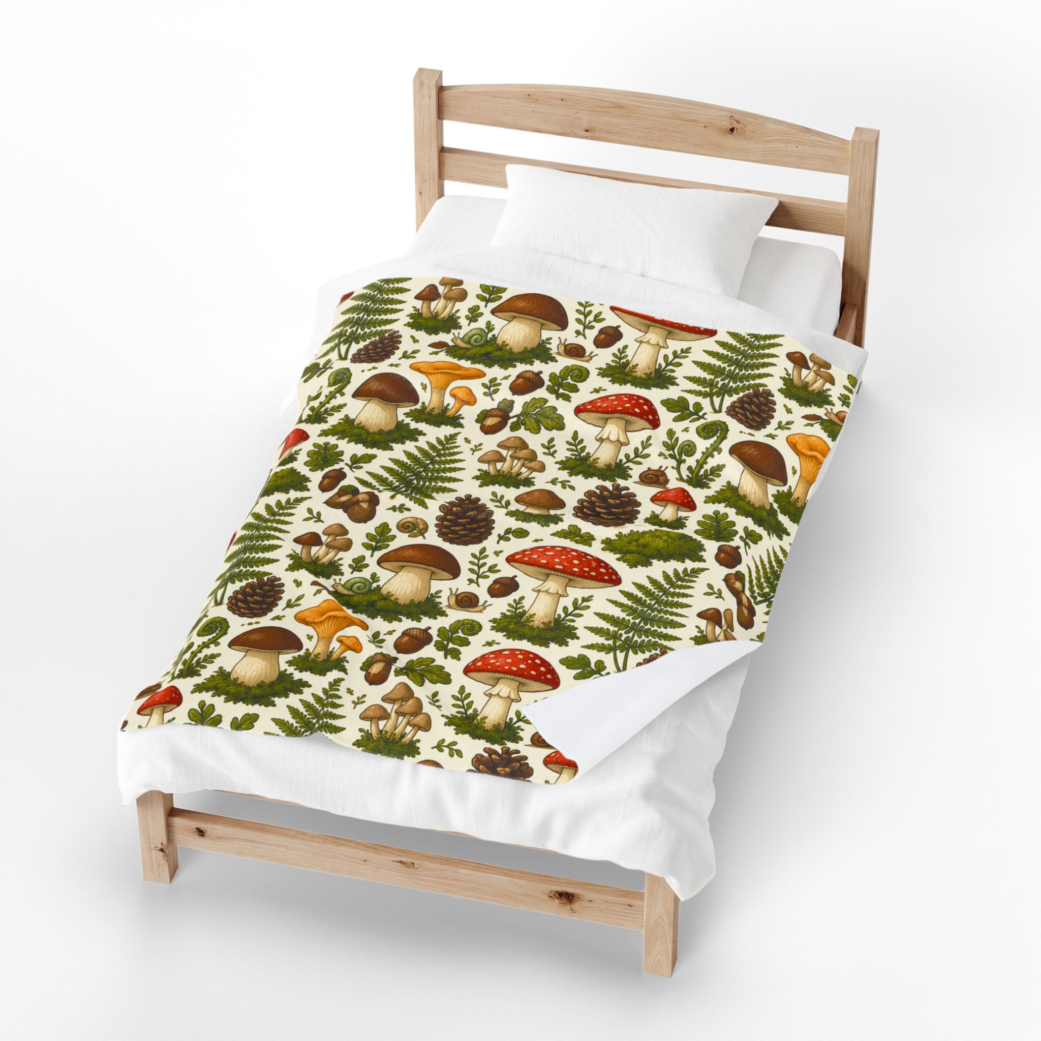 Mushroom Forest Velveteen Plush Blanket – Cozy Woodland Throw with Ferns & Pines
