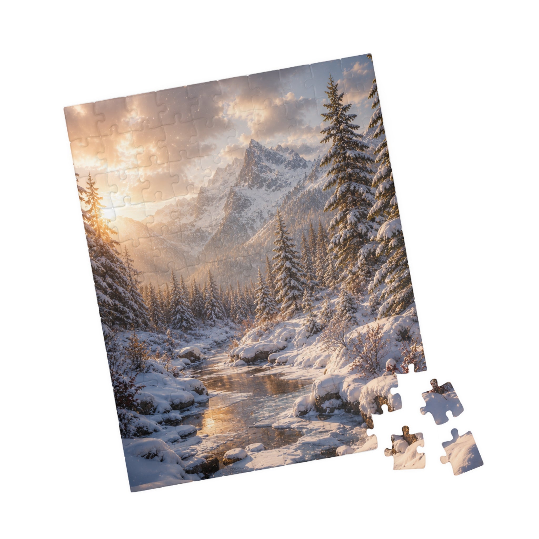 Winter Mountain River Puzzle — Scenic Snowy Landscape Jigsaw (110/252/520/1014 pcs)
