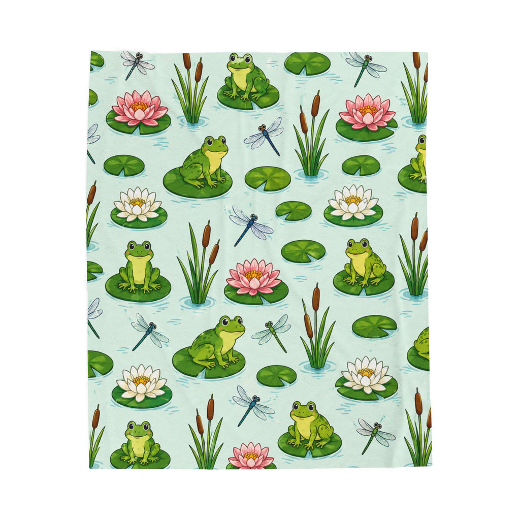 Frog Pond Velveteen Plush Blanket — Cute Lily Pad & Dragonfly Throw