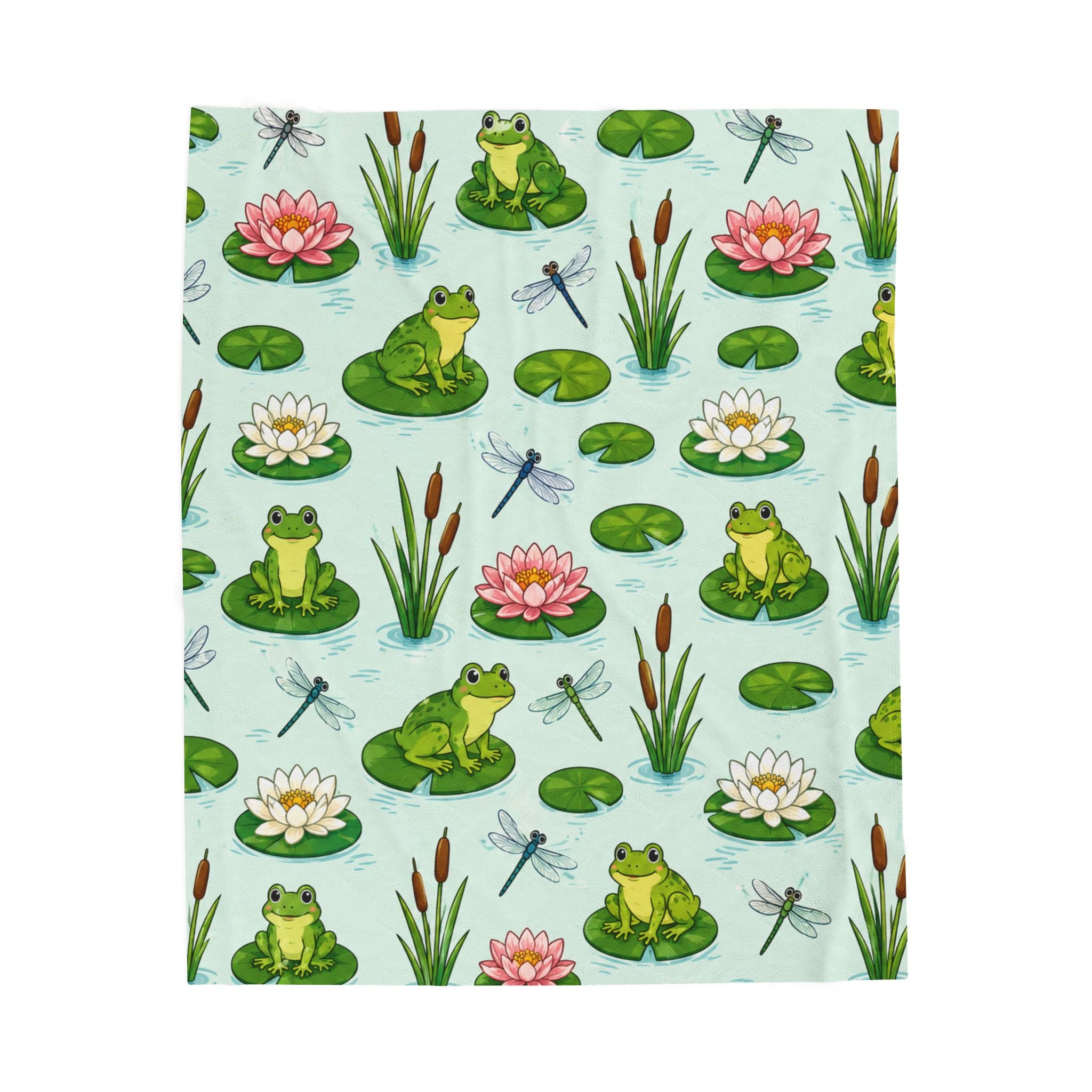 Frog Pond Velveteen Plush Blanket — Cute Lily Pad & Dragonfly Throw