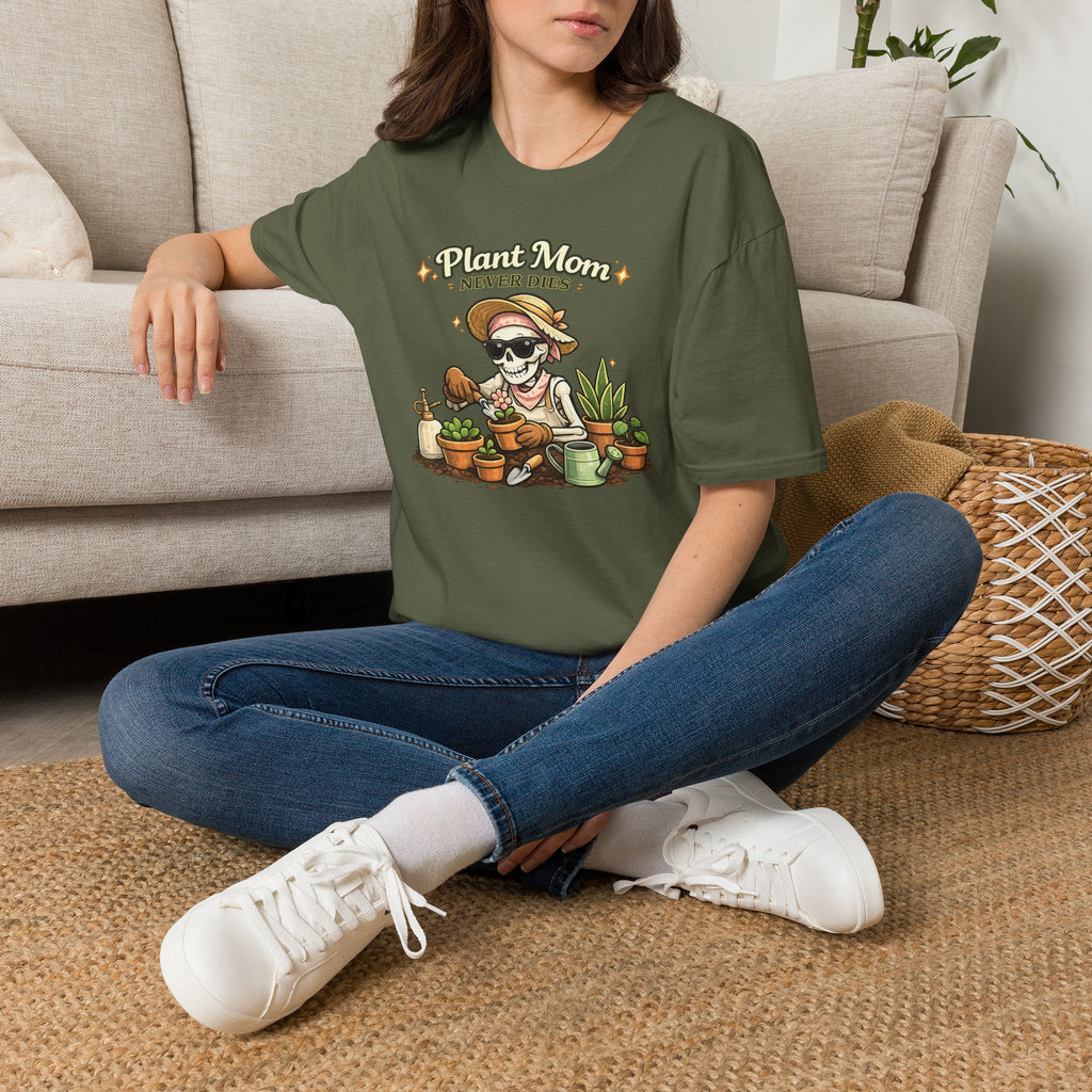 Plant Mom T-Shirt — "Plant Mom Never Dies" Skeleton Gardener Tee